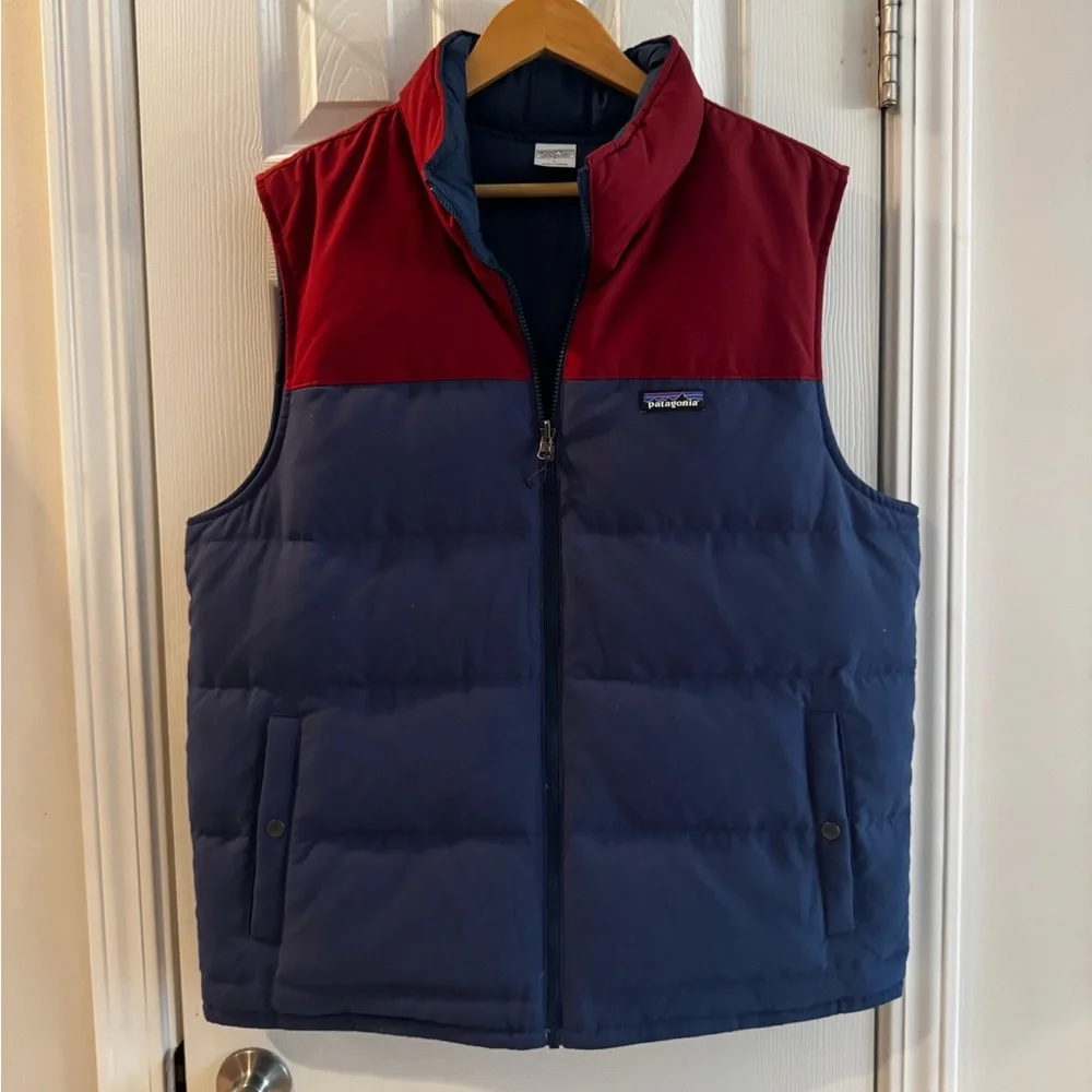 Patagonia Reversible Bivy Puffer Down Vest blue and red jacket